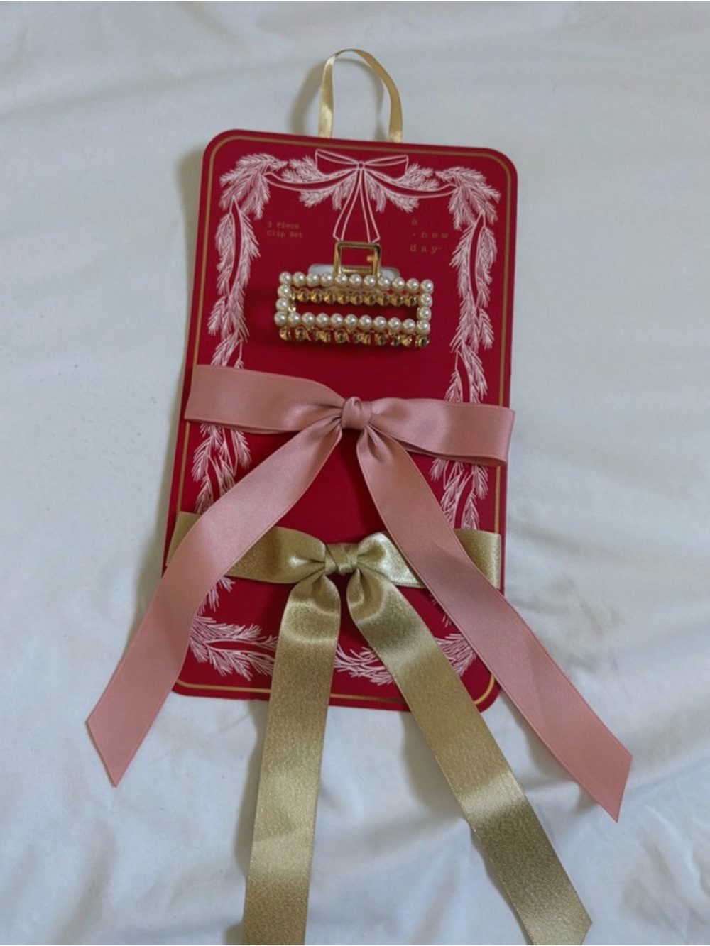 a new day Pink Ribbon and Gold Pearl Hair Clip
